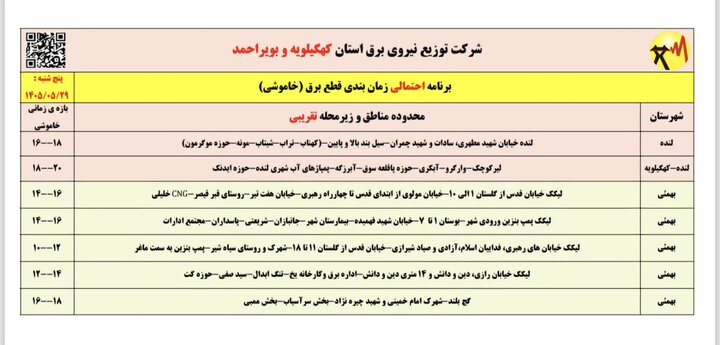 خاموشی با برنامه برق در کهگیلویه و بویراحمد