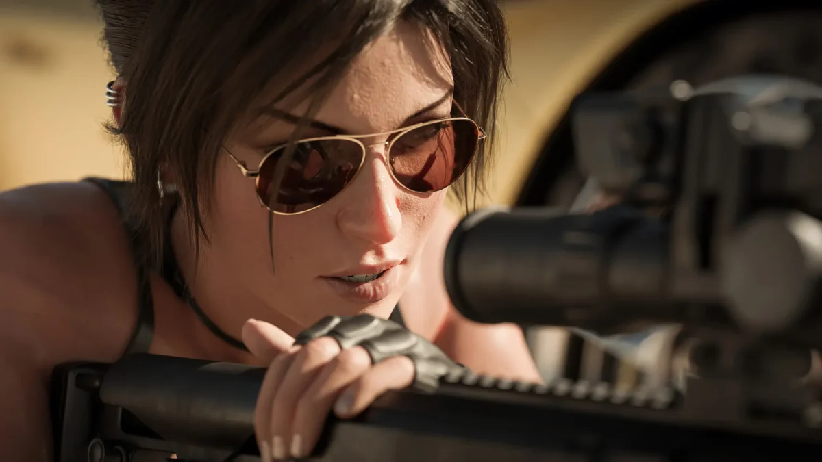 لارا کرافت (Lara Croft) در حال تیراندازی با اسنایپر در بازی Shadow of the Tomb Raider
