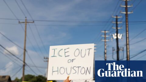 A woman holds a sign reading "ICE OUT OF HOUSTON" during a protest in July.